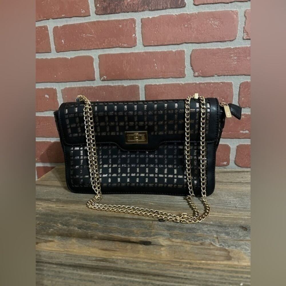 Melie Bianco Black Leather Shoulder/Crossbody Bag with Gold Chain Strap